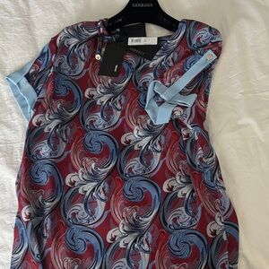 Versace Burgundy and Light Blue Swirl Print Short Sleeve Top